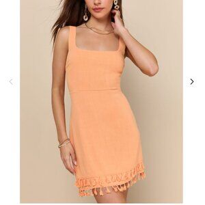 Lulus Linen Blend Feel the Sunshine Washed Orange Tassel Mini Dress Size Large